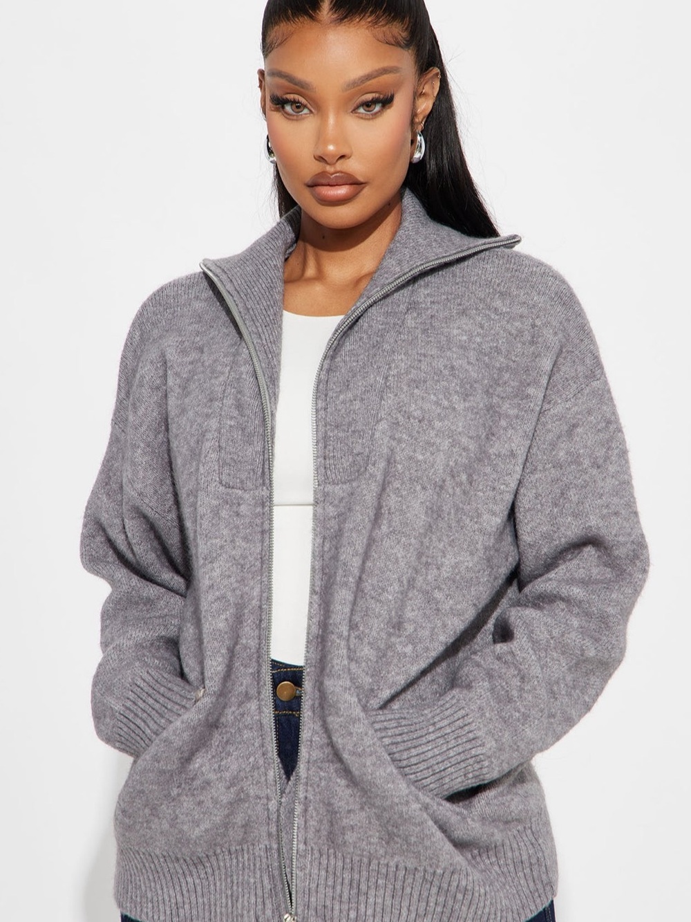 FashionNova Soft Zip-Up Sweater Jacket - Gray